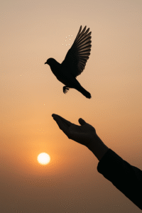 Siluet tangan seseorang yang sedang melepaskan burung ke langit yang melambangkan keikhlasan dan kebebasan hati.