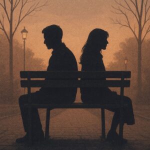 Siluet sepasang kekasih duduk membelakangi satu sama lain di bangku taman saat senja, menggambarkan jarak emosional dalam hubungan cinta.