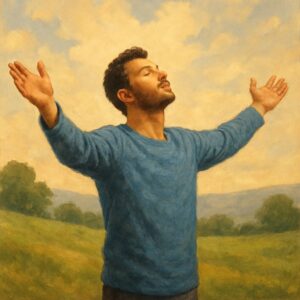 Seorang pria berdiri tenang di alam terbuka dengan tangan terbuka ke langit, memancarkan ketenangan dan rasa syukur di bawah langit senja.