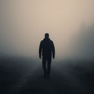 Seseorang berjalan sendirian di jalan berkabut, menggambarkan perjalanan sunyi dengan semangat yang tetap menyala meski diremehkan