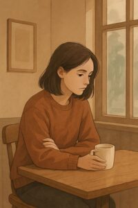 “Ilustrasi seorang wanita duduk sendiri di kafe sambil memegang cangkir, menatap ke bawah dalam suasana tenang dan melankolis. Cahaya alami masuk dari jendela, menggambarkan momen reflektif dan keinginan untuk sendiri.”