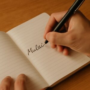 Tangan kanan seseorang sedang menulis kata "mulai" dengan pena hitam di atas buku catatan bergaris yang terbuka, diletakkan di atas meja kayu dengan pencahayaan hangat yang lembut.