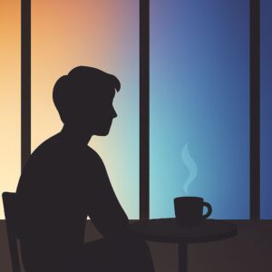 “Ilustrasi digital minimalis siluet seseorang duduk sendiri di tepi ranjang saat pagi, dengan cahaya lembut masuk dari jendela yang mewakili suasana reflektif dan emosional sepanjang hari.”