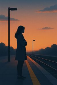 Siluet seorang wanita berdiri sendiri di peron kereta saat matahari terbenam, memandang ke kejauhan dengan suasana sepi dan reflektif.