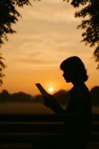 Siluet seseorang yang sedang membaca surat cinta dari dirinya sendiri di taman sendirian