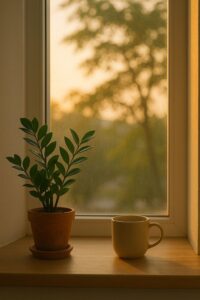 Tanaman hijau dalam pot dan cangkir kopi di tepi jendela dengan cahaya matahari pagi yang hangat