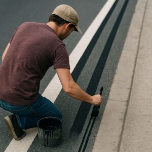 Seseorang mengecat dua garis lurus hitam di pinggir jalan aspal, melambangkan penegasan batas dalam hidup