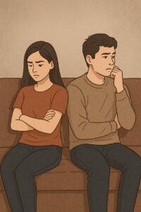 Ilustrasi pasangan yang duduk di sofa saling membelakangi dengan ekspresi marah dan tegang, menggambarkan situasi silent treatment.