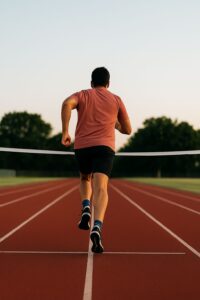 Seorang pelari pria dilihat dari belakang sedang berlari menuju garis finish di lintasan atletik merah pada sore hari, dengan latar belakang pepohonan dan langit cerah.