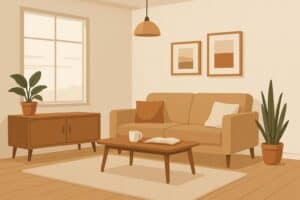 Suasana satu ruangan di rumah yang tertata rapi dan bersih dan suasana yang begitu menyenangkan