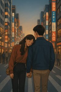 Sepasang kekasih yang bergandengan tangan dan wanita itu menyandarkan kepalanya di pundak pria dan mereka ada di tengah jalan di suatu kota