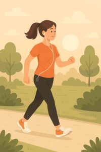 Seseorang yang sedang berjalan pagi di sekitarnya ada pepohonan dan saat itu cuaca cerah