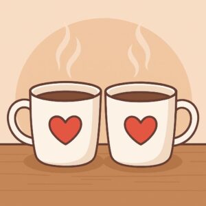 2 Cangkir kopi hangat dengan 2 hati di atas meja kayu
