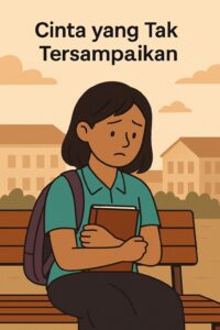 Seorang anak perempuan duduk di bangku kayu di sekolah sambil memeluk sebuah buku