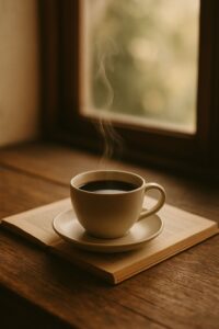 Secangkir kopi hitam diatas meja kayu dan kopi yang masih panas