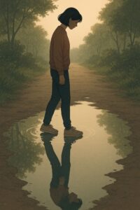 Seseorang yang berdiri di tengah hutan dan melihat bayangannya sendiri di air